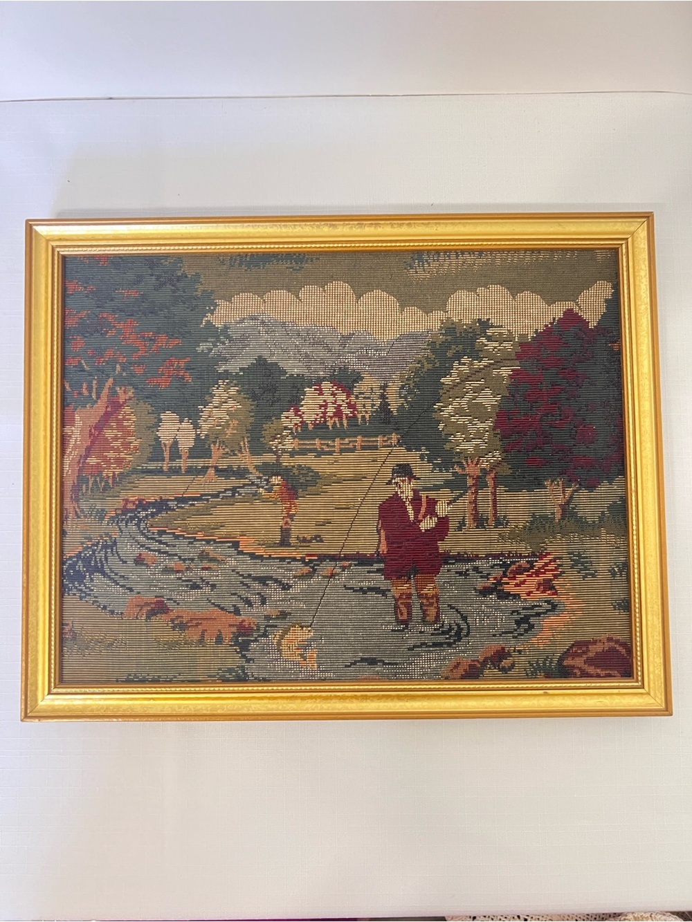 Vintage Needle Point Tapestry Fly Fishing Outdoor Scene Framed Wall Art